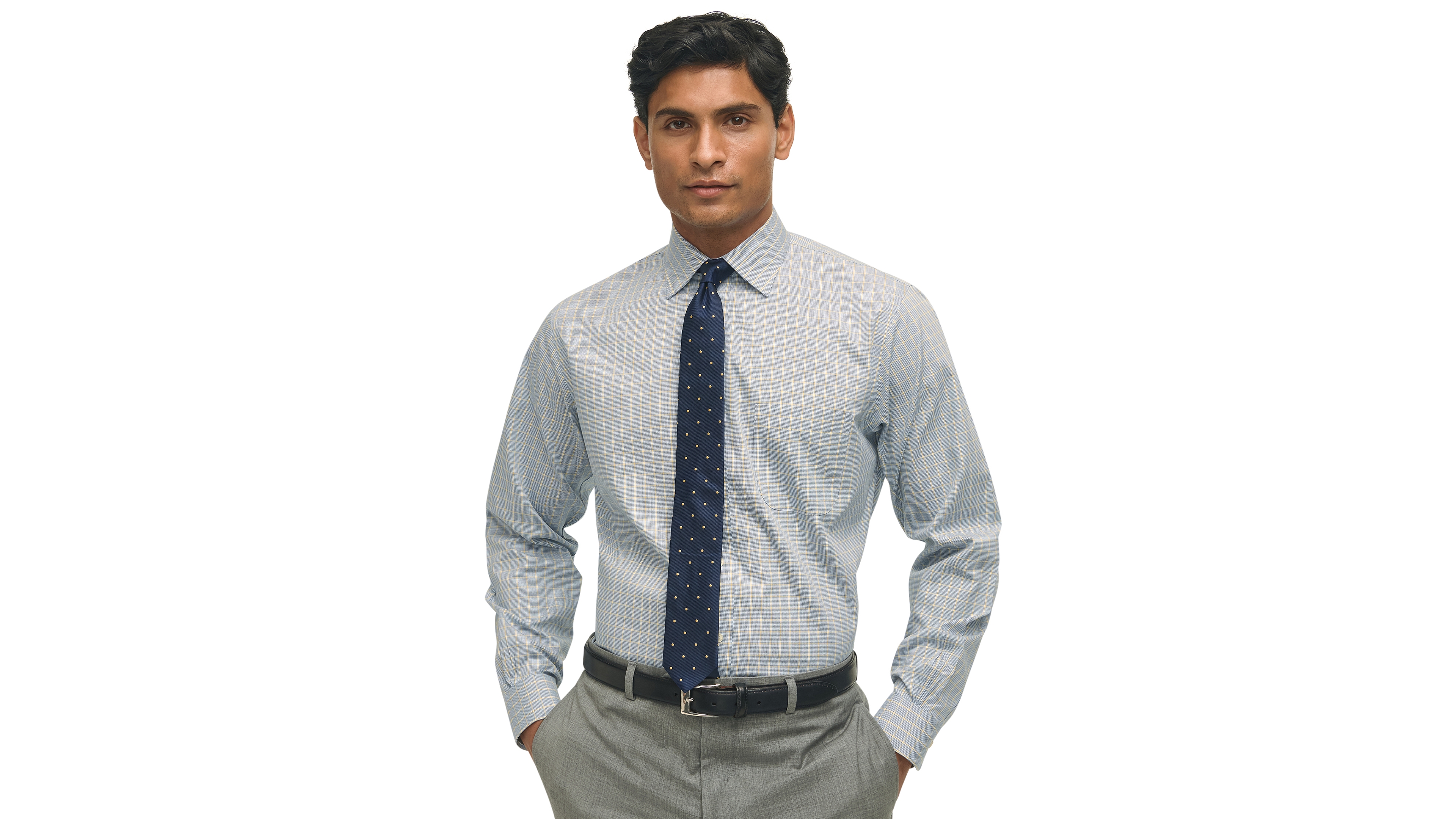 B by Brooks Brothers Men's Regular-Fit Navy Check Dress Shirt