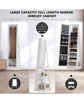 Rotatable full-length jewelry mirror cabinet with compartments and built-in LED lights.