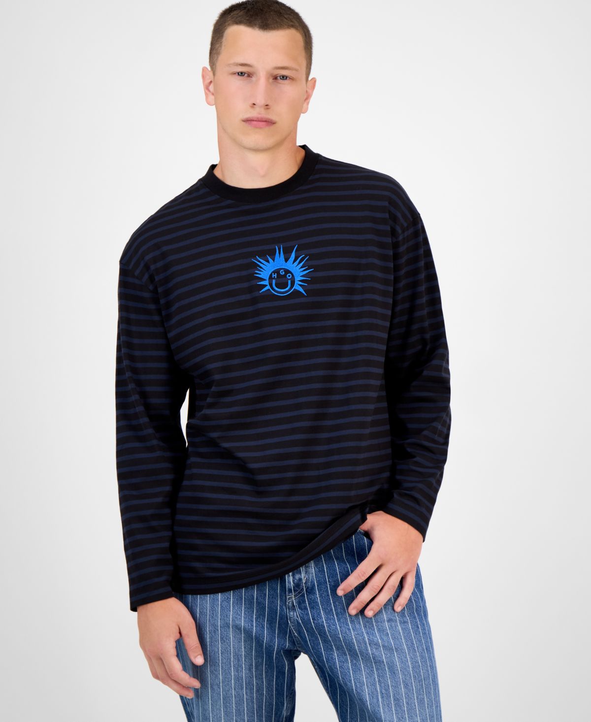 Мужская полосатая хлопковая футболка с круглым вырезом и графическим логотипом