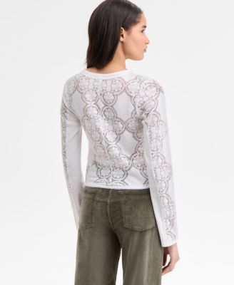 Women's Button-Front Long Sleeve Lace Top