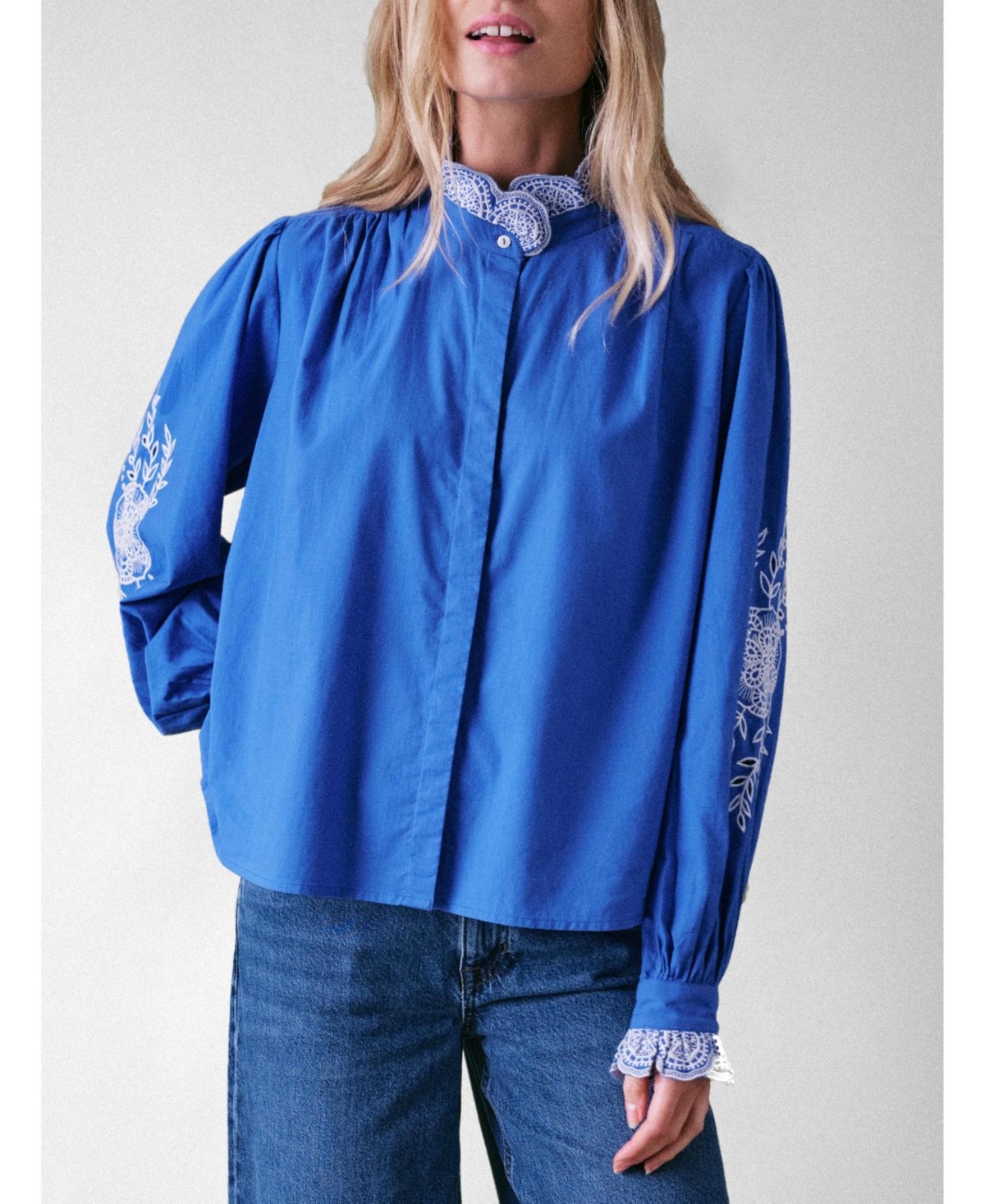 Women's Jewel Trim Cotton Carla Blouse - Cobalt blue