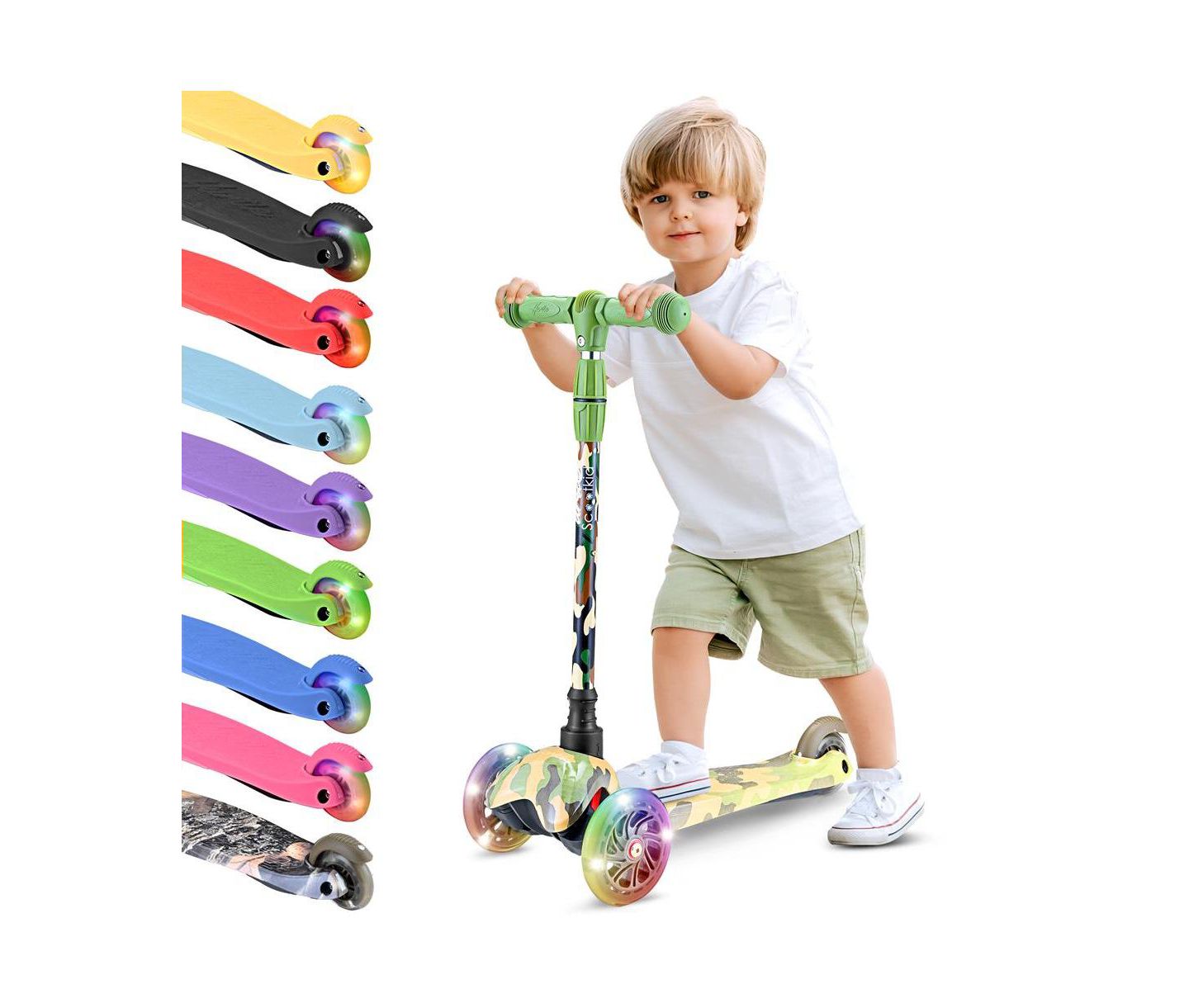 Детская игрушка Hurtle Lightweight 3-Wheel Mini Kickboard Scooter with LED Light Wheel and Adjustable Handlebar, от 3 лет, цвет: Бежевый / Хаки — фото 1
