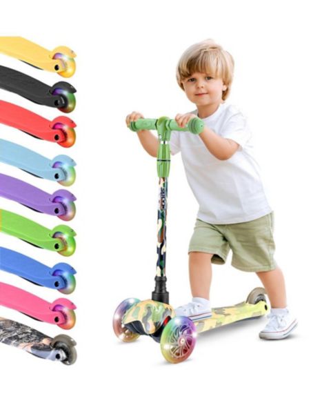 Детская игрушка Hurtle Lightweight 3-Wheel Mini Kickboard Scooter with LED Light Wheel and Adjustable Handlebar, Ages 3+, цвет: Бежевый / Хаки