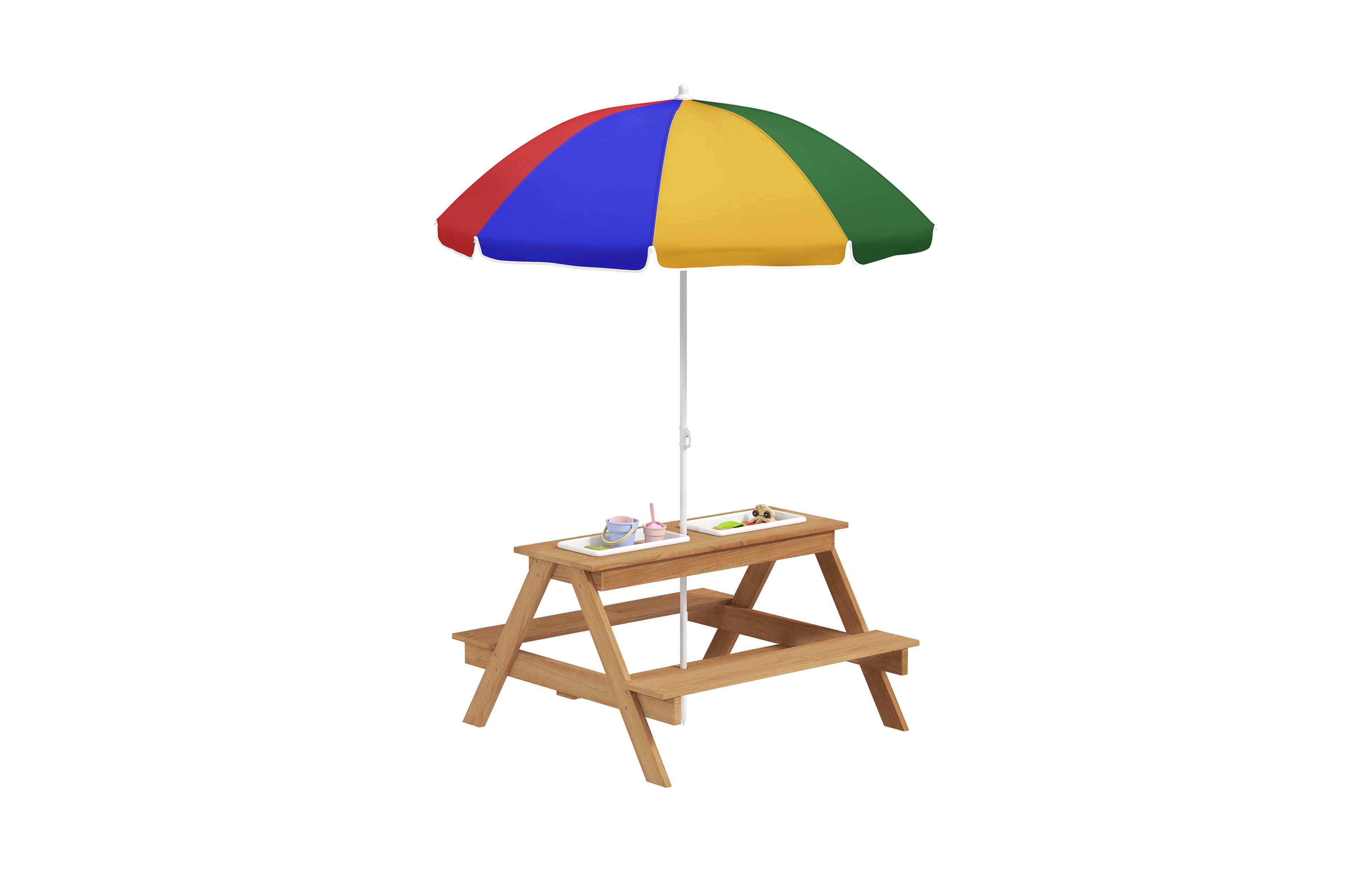 Qaba Kids Picnic Table, Wooden Outdoor Table & Bench Set with Umbrella