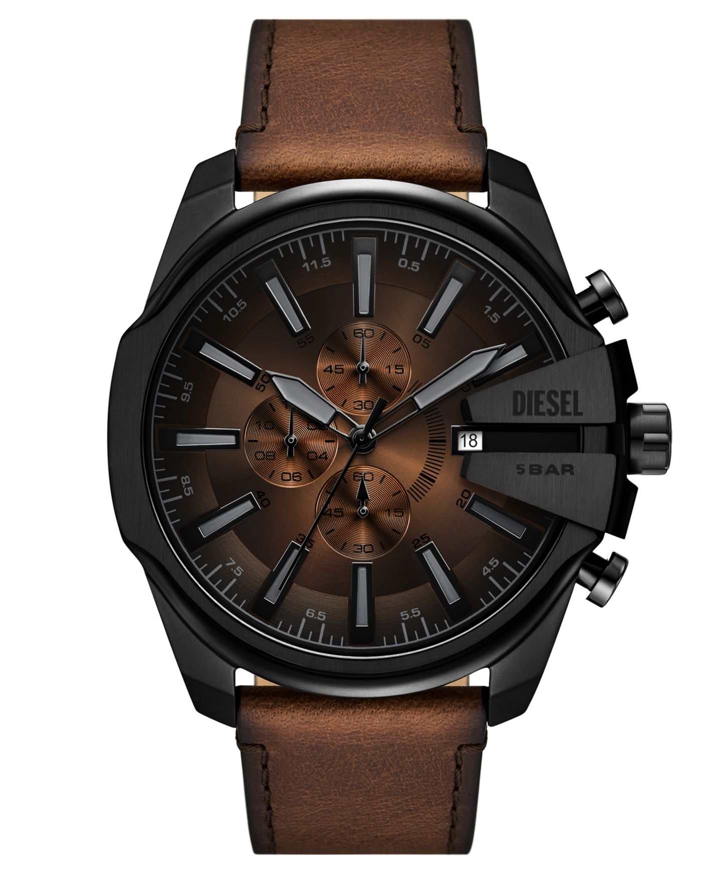 Мужские часы Diesel Mega Chief Slim Quartz Chronograph Brown Leather Watch, 48mm — фото 1