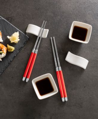 Chopsticks with Handles, Ceramic Rests and Sauce Bowls, Set of 2 Pairs