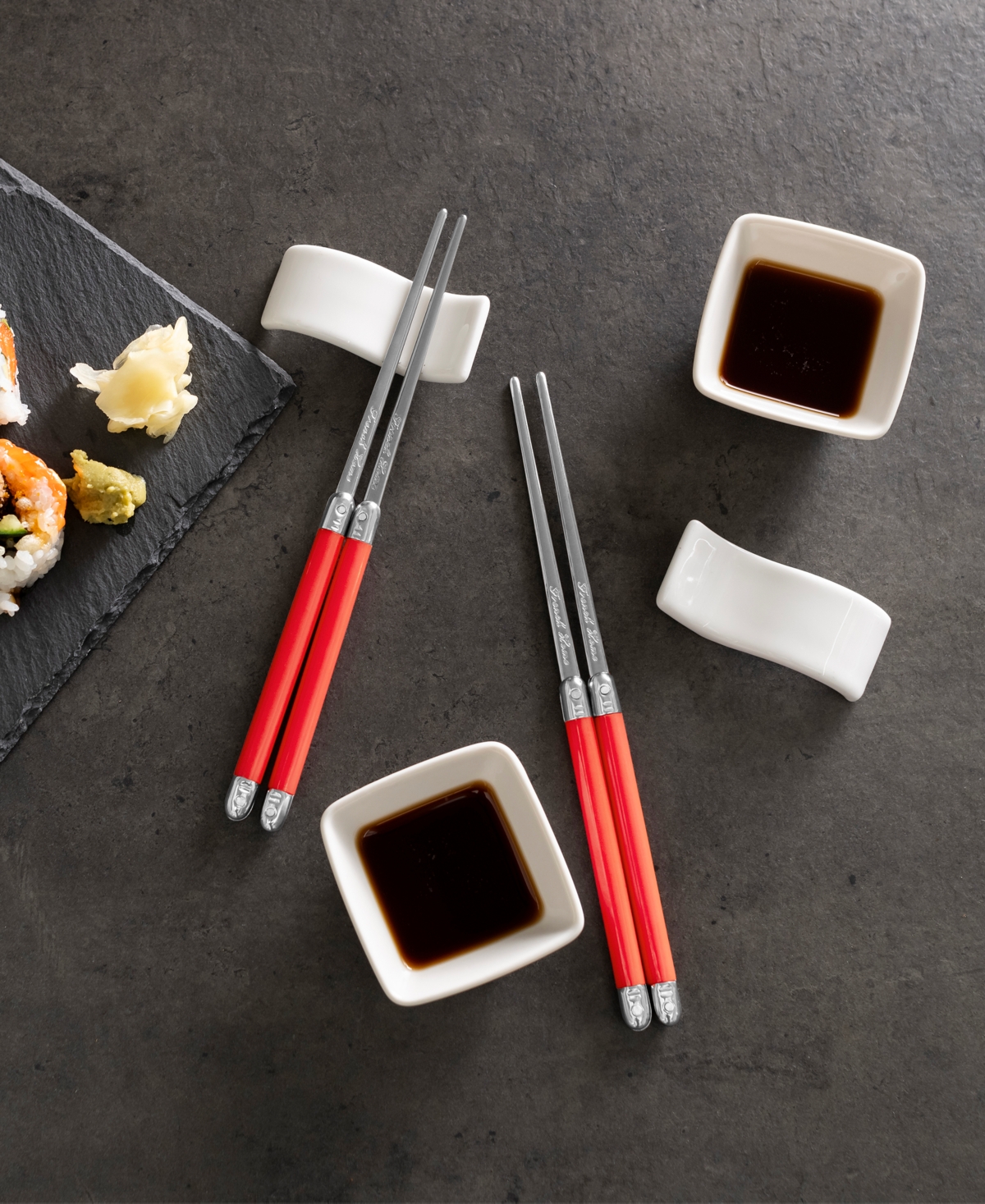 French Home Chopsticks With Handles, Ceramic Rests And Sauce Bowls, Set Of 2 Pairs In Blue