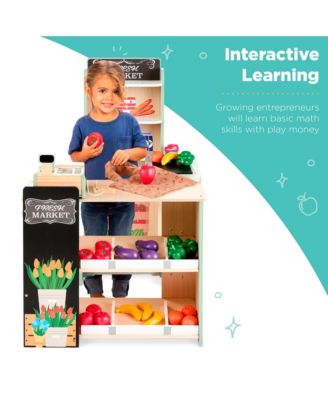 Kids Pretend Play Grocery Store Wooden Supermarket Set w/ Chalkboard, Cash Register