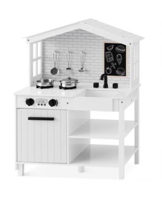 Pretend Play Wooden Farmhouse Kitchen Set w/ Storage, Clicking Knobs, 5 Accessories