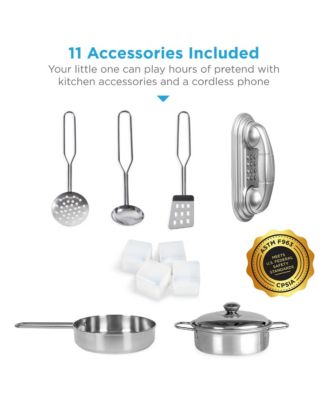 Pretend Play Kitchen Wooden Toy Set for Kids w/ Telephone, Utensils, Oven, Microwave