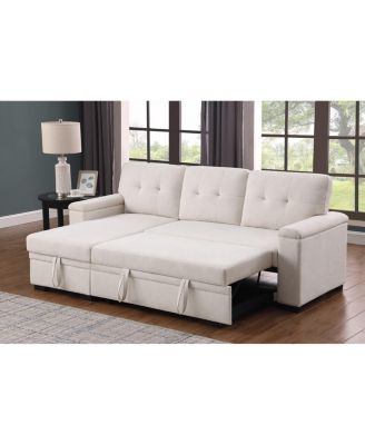 84.5"W Beige Woven Fabric Reversible Sleeper Sectional Sofa with Storage Chaise
