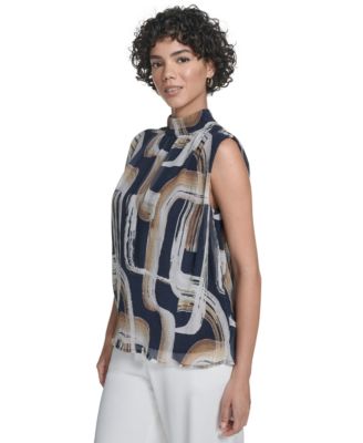Women's Printed Mock-Neck Sleeveless Blouse