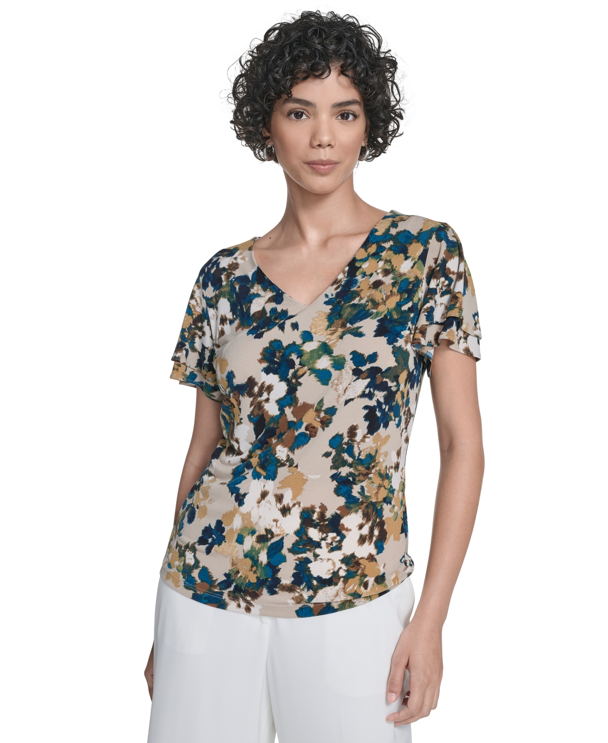 Women's Printed Flutter-Sleeve V-Neck Top - Latte Multi