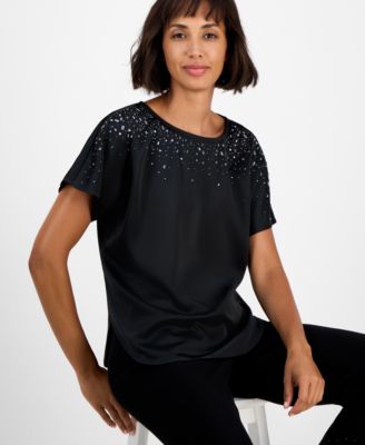Petite Embellished-Boat-Neck Short-Sleeve Blouse 