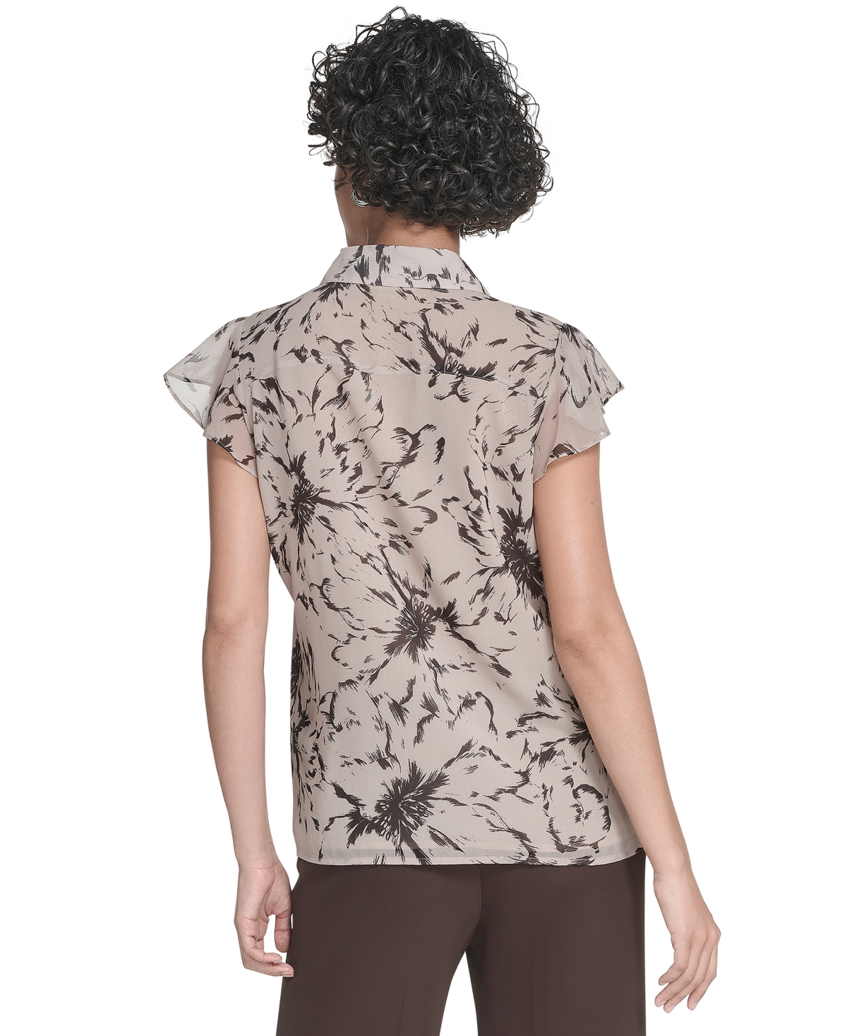 Calvin Klein Women's Printed Flutter-sleeve Ruffle Blouse