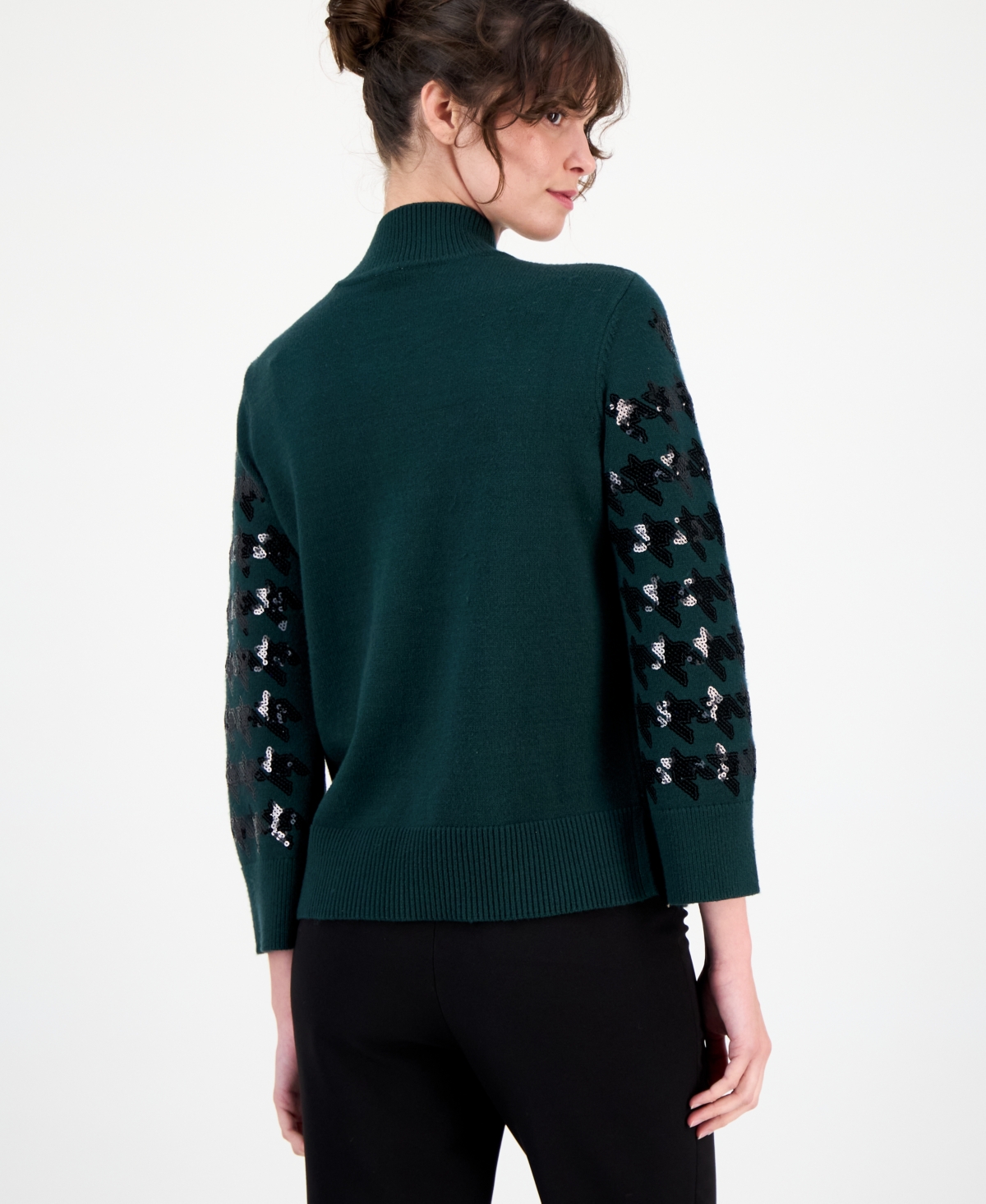 Anne Klein Sequin Houndstooth Mock Neck Sweater In Green