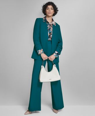 Calvin Klein Womens High Rise Wide Leg Pants Printed Charmeuse Button Front Blouse Heavy Open Front Ruched Sleeve In Green