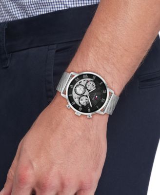 Men's Multifunction Silver Tone Stainless Steel Mesh Bracelet Watch, 44mm