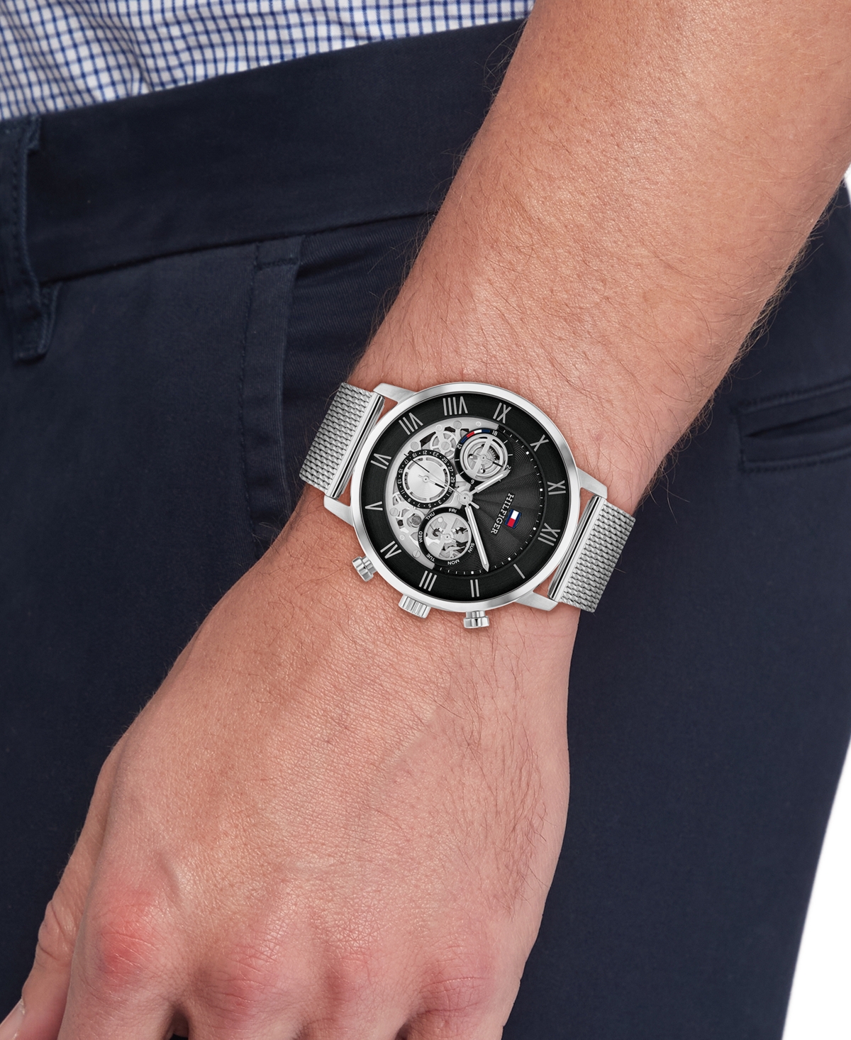 Tommy Hilfiger Men's Multifunction Silver Tone Stainless Steel Mesh Bracelet Watch, 44mm In Metallic