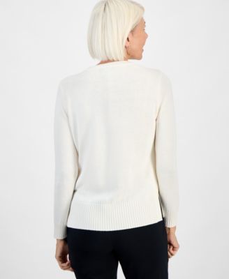 Petite Long-Sleeve Side-Button Crewneck Sweater