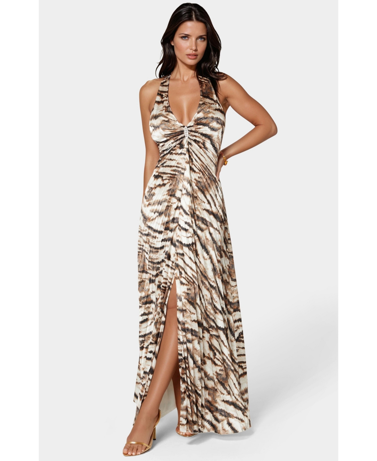 Women's Print Satin Pleat Maxi Dress - Brushed abstract zebra