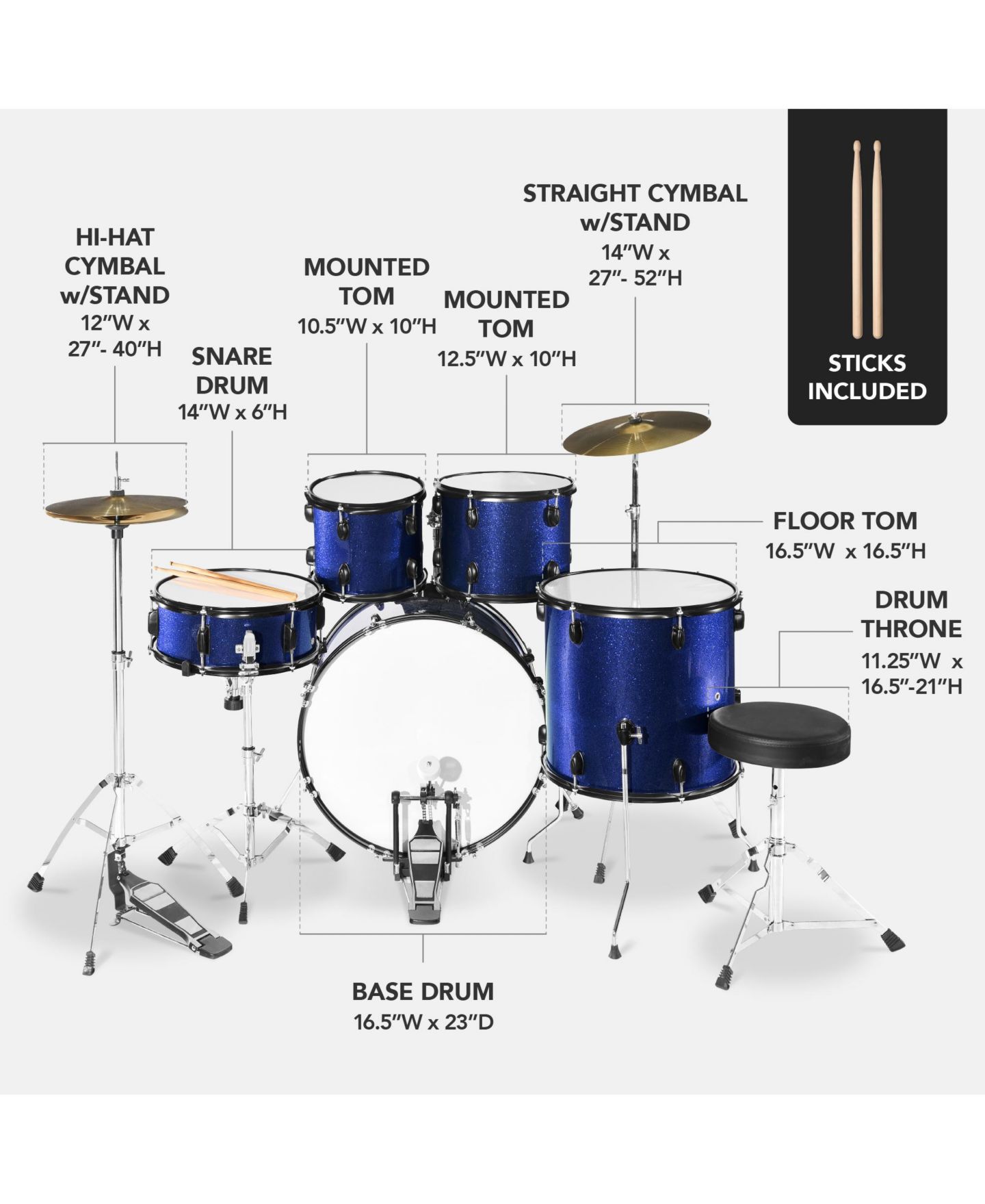 Детские игрушки Best Choice Products Beginner Acoustic 5-Piece Drum Set, Ages 18+, цвет: Тёмный синий — фото 2