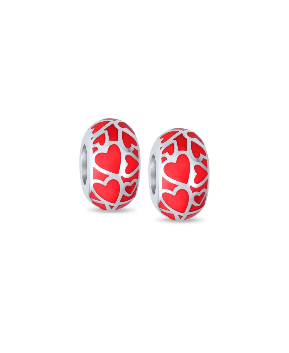 Set of 2 Red Silver Heart Murano Glass Charm Bead for European Bracelets - Red set