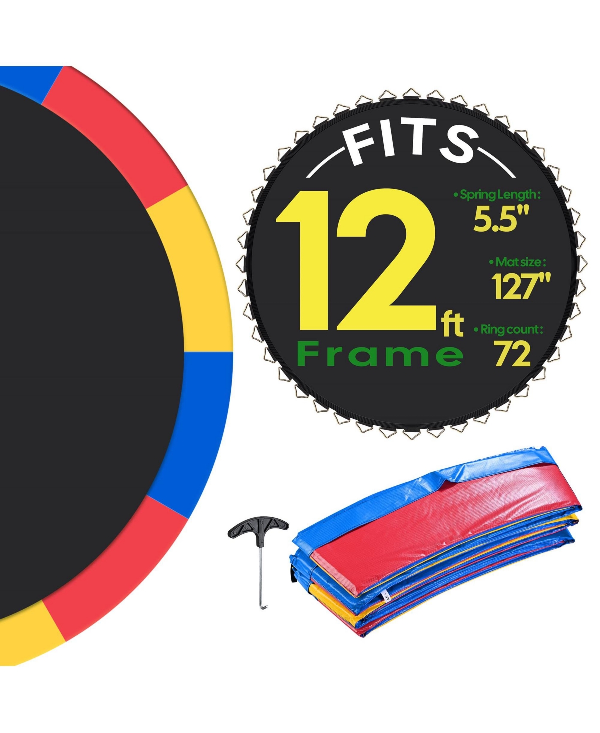 Trampoline Mat & Pad Replacement Kit w/ 72V-Ring for 12ft Round Trampoline Frame - Natrual