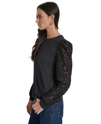 Women's Lace Puff-Sleeve Crewneck Top