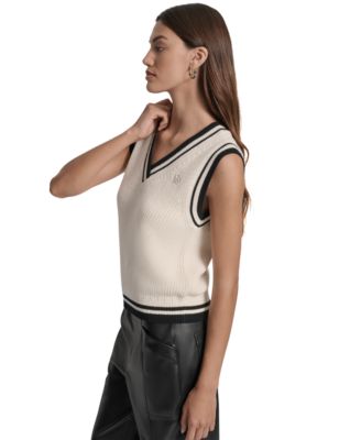 Women's Contrast Trim Cotton V-Neck Sleeveless Sweater