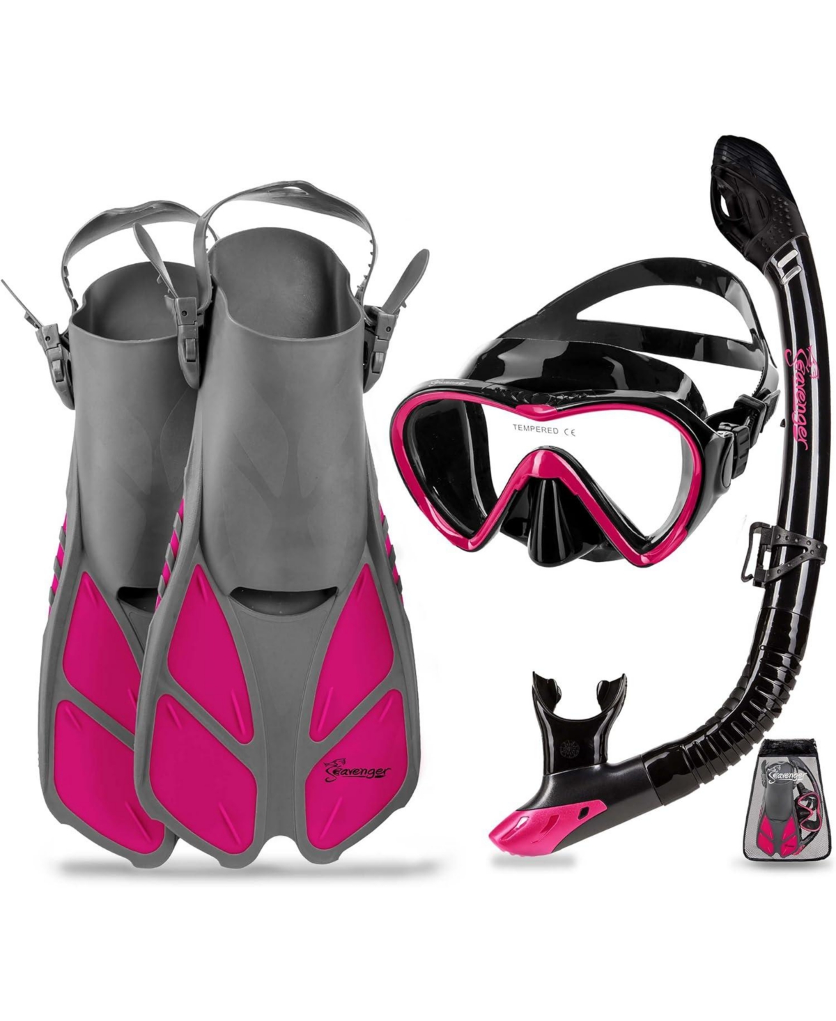 Aviator Snorkeling Set: Single Window Mask, Snorkel, Fins & Bag - Black Silicone/Orange Xs/Xxs - Black silicone/pink