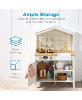 Pretend Play Wooden Farmhouse Kitchen Set w/ Storage, Clicking Knobs, 5 Accessories