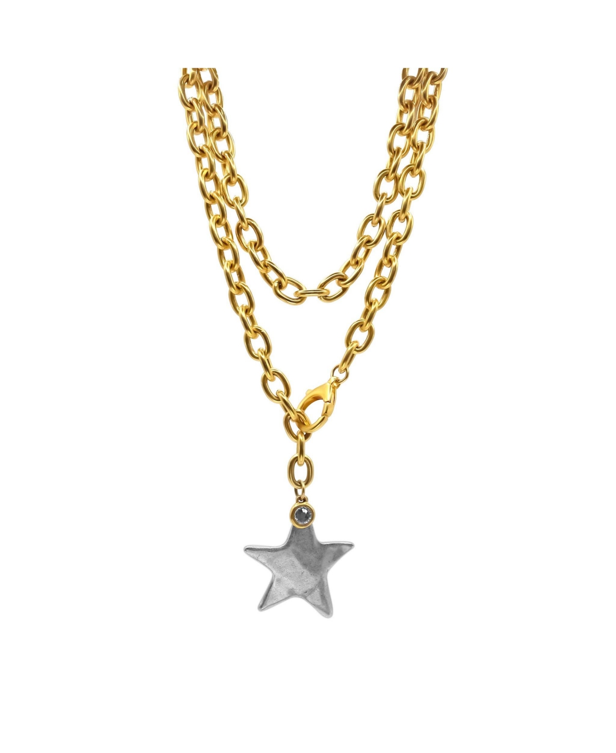 12k Gold Plated Chain with Silver Textured Star Charm and Cubic Zirconia Charm Necklace