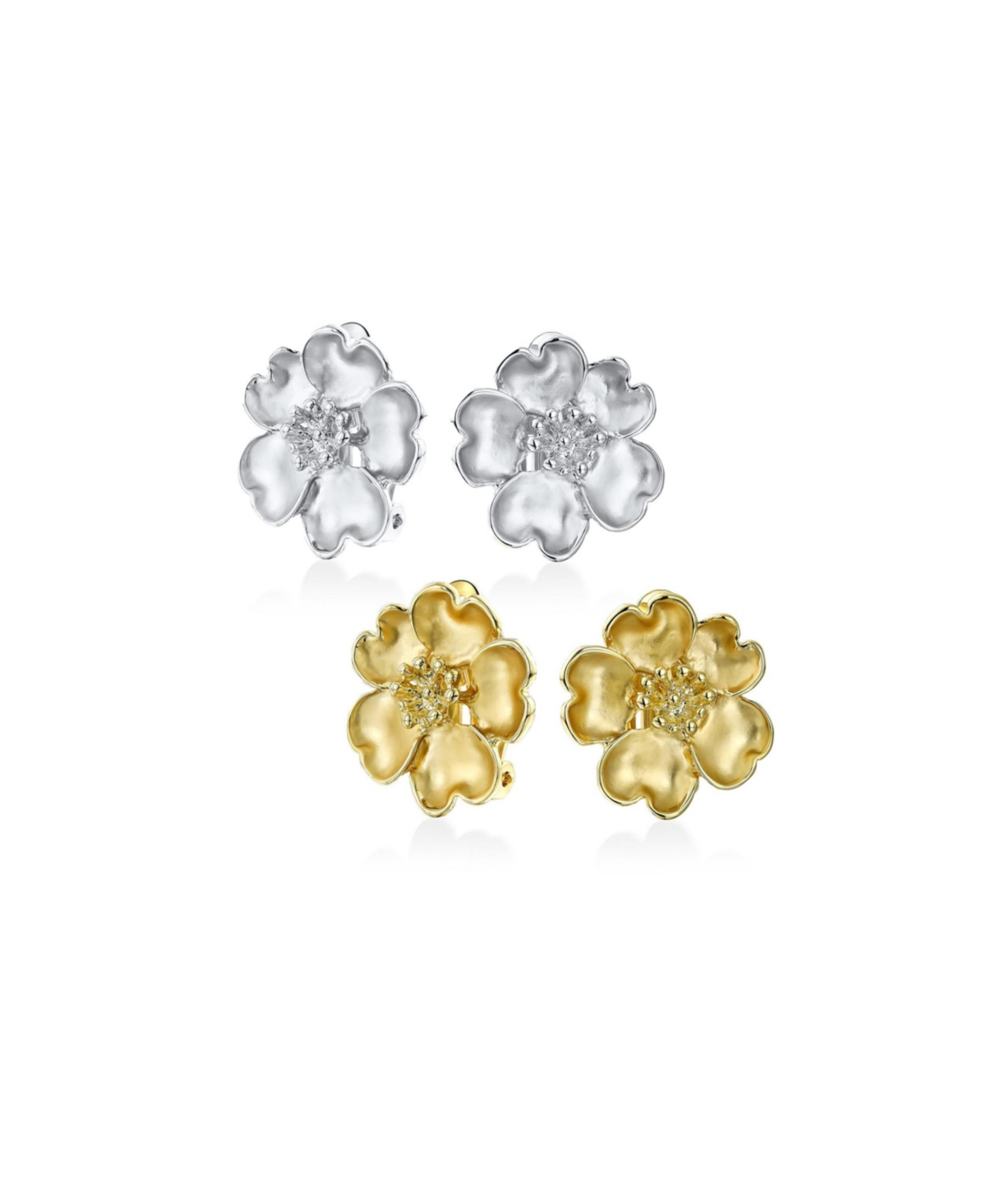 Set of 2 Heart Petals Flower Cz Clip-On Earrings Silver Gold Plated - Yellow set
