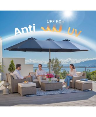 15ft Patio Umbrella with Base,12 Heavy Duty Ribs Large Outdoor Double-Sided Rectangle Umbrella with Crank Handle, Market Umbrella for Backyard
