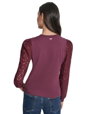 Women's Lace Puff-Sleeve Crewneck Top