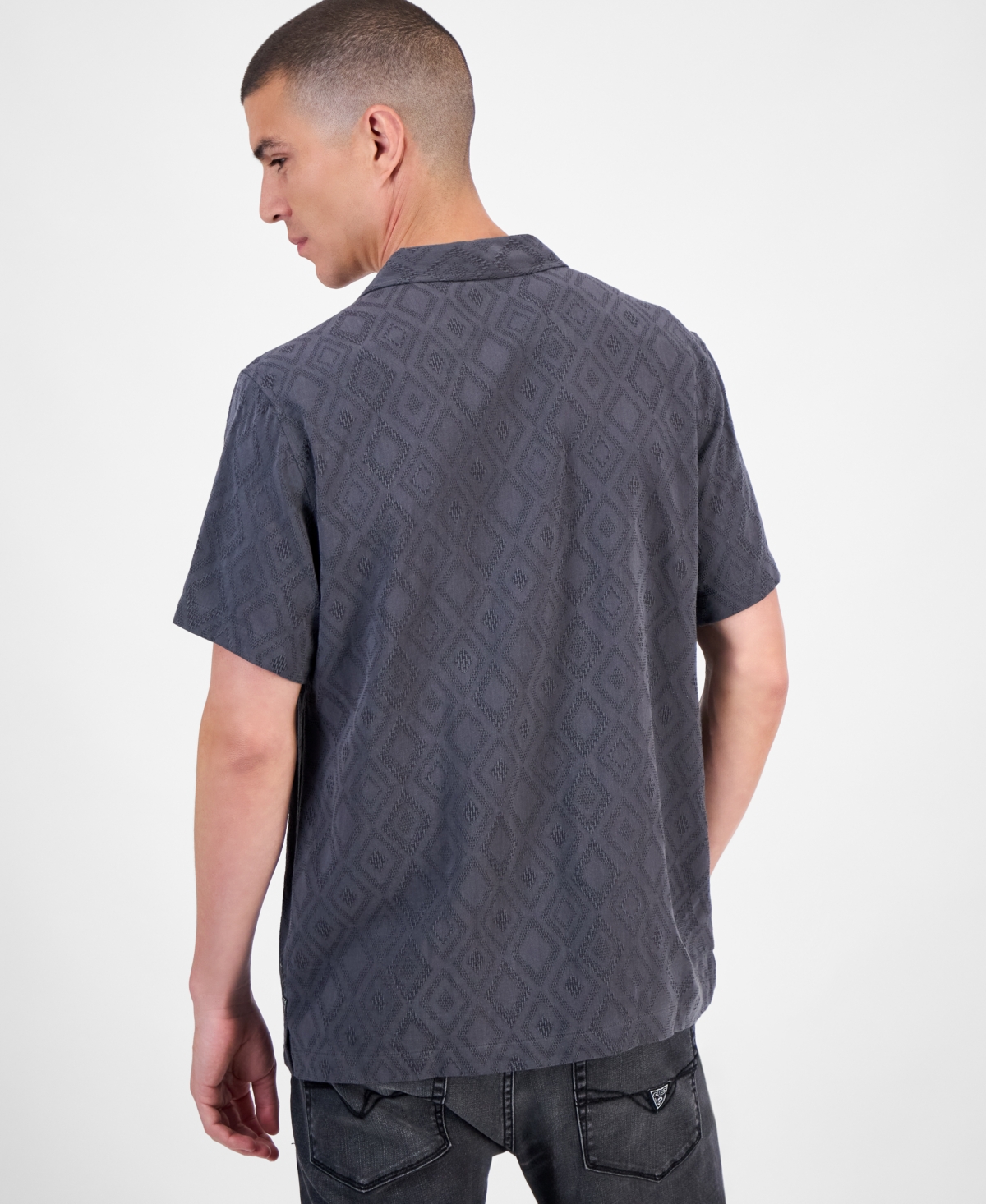 Guess Short Sleeve Diamond Jacquard Button-front Camp Shirt In Blue