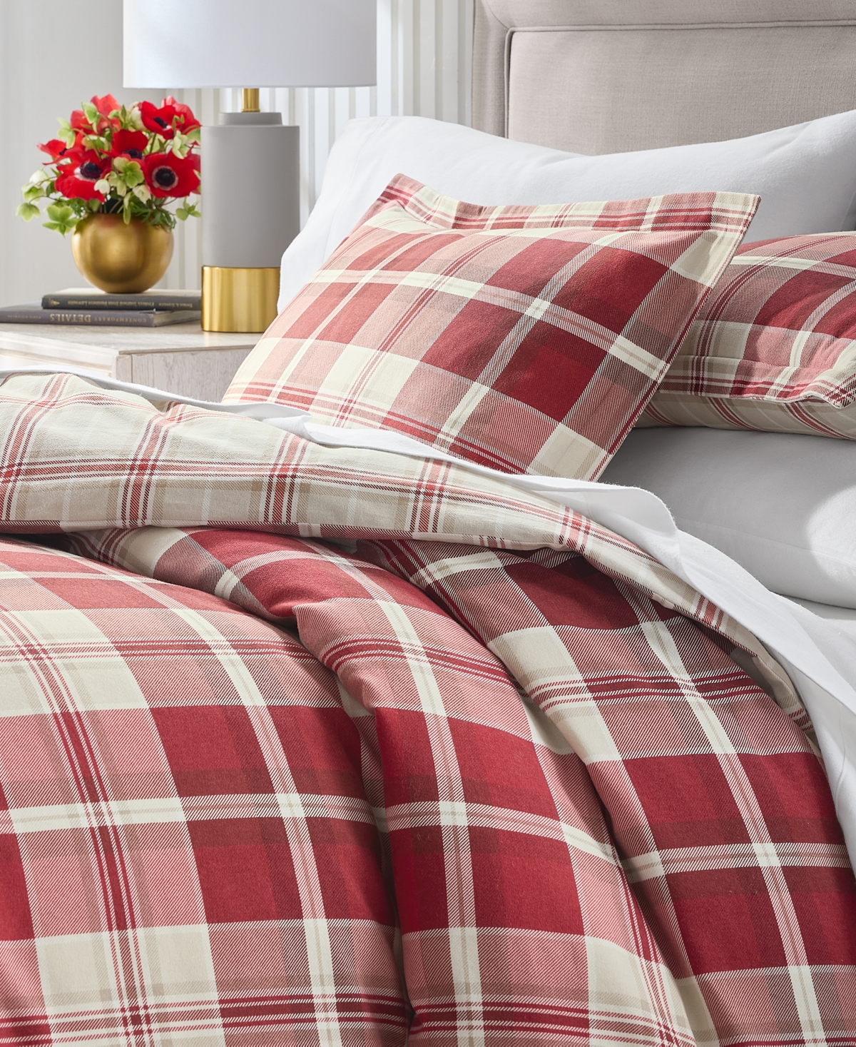 Charter Club Crimson Plaid Flannel 3-pc. Comforter Set, Full/queen, Macy's Exclusive In Red