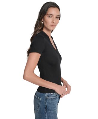 Womens Ribbed V-Neck Polo Sweater