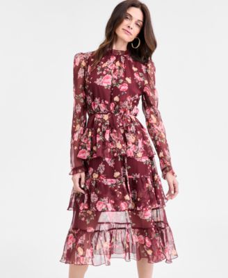 Juniors' Floral Ruffle-Tiered Tie-Waist Midi Dress