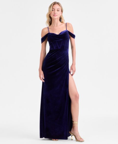 Женское платье B Darlin Juniors' Velvet Off-The-Shoulder Gown, цвет: Тёмно-синий
