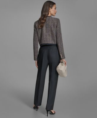 Women's Braided-Trim Tweed Collarless Jacket, Printed Sleeveless Tie-Neck Blouse & Denim Straight Leg Pants
