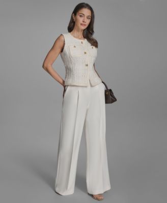 Bcbg Womens Textured Crewneck Button Front Vest Pleated Wide Leg Pants In Neutral