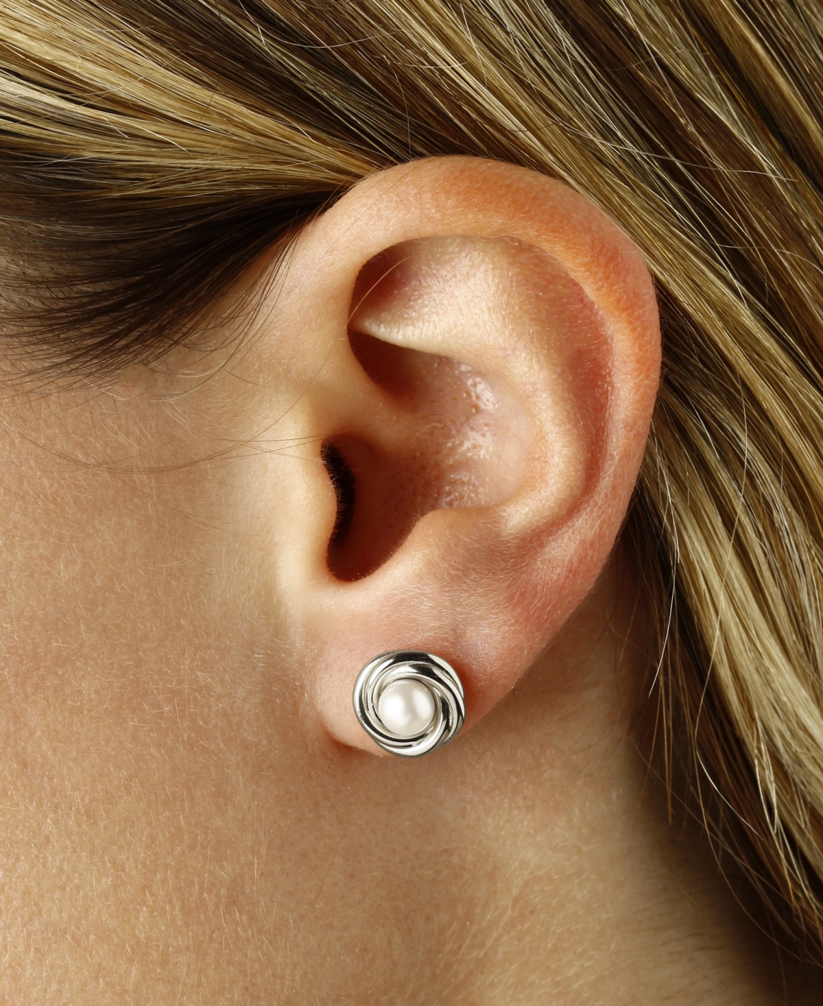 Macy's Cultured Freshwater Pearl (5mm) Love Knot Stud Earrings In 14k Gold In Metallic