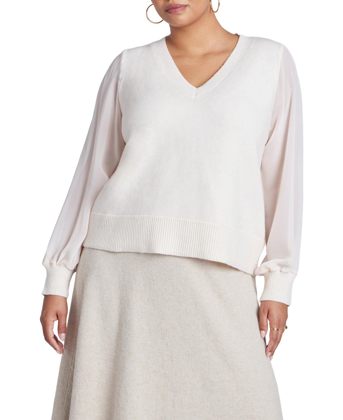 Women's Sheer Sleeve V-Neck Sweater - Buttercream