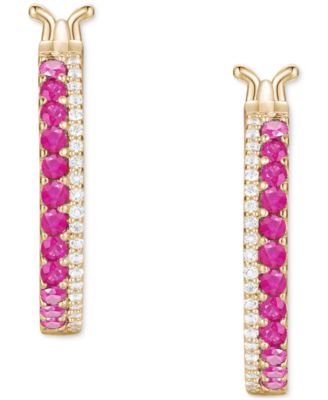 Emerald (3/8 ct. t.w.) & Diamond (1/8 ct. t.w.) Double Row Small Hoop Earrings in 14k Gold-Plated Sterling Silver, 0.75"