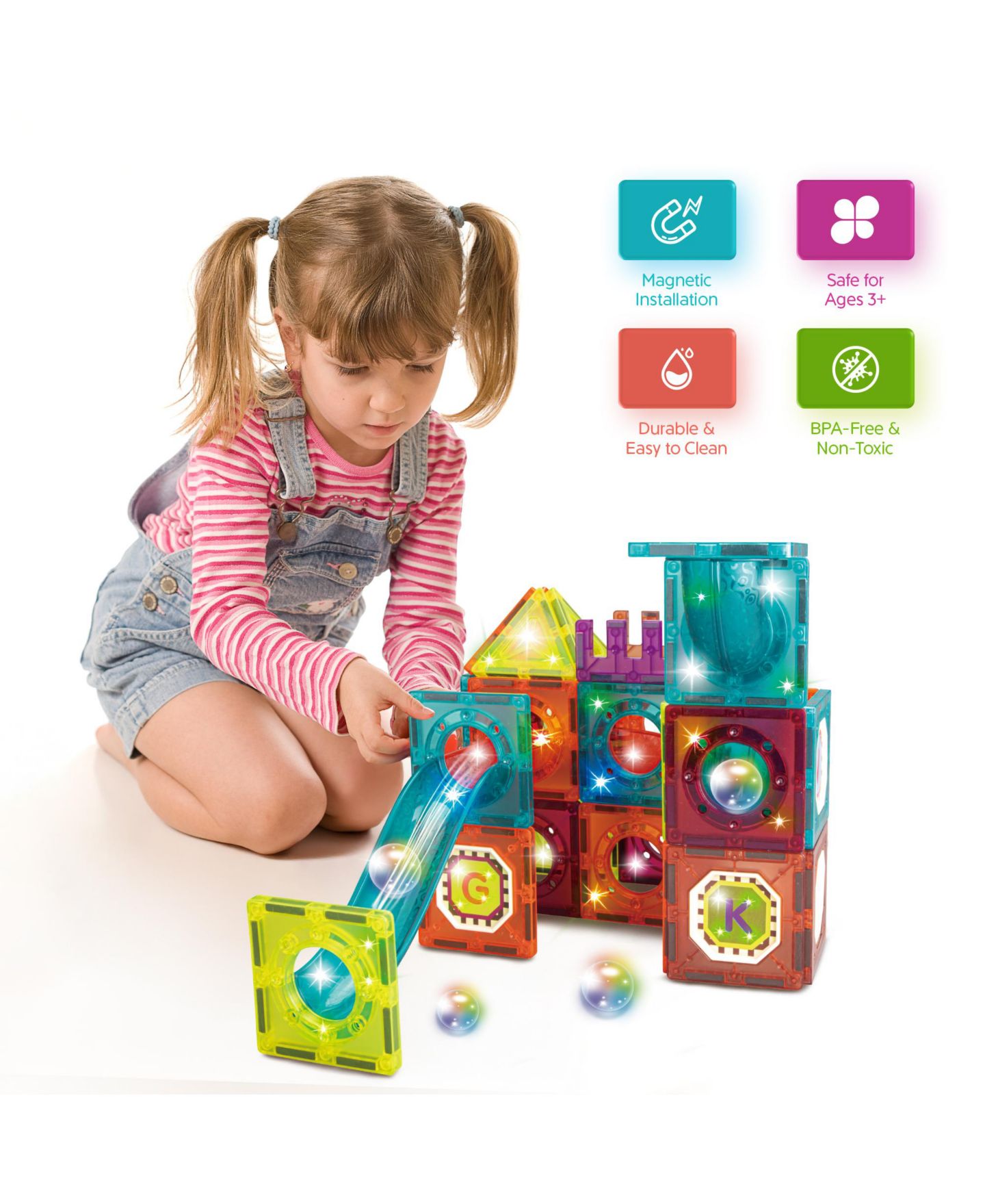 Детские конструкторы Contixo Glow-in-the-Dark Marble Run Magnetic Tile Set ST15, 65-Piece Building Set, Ages 3+ — фото 4