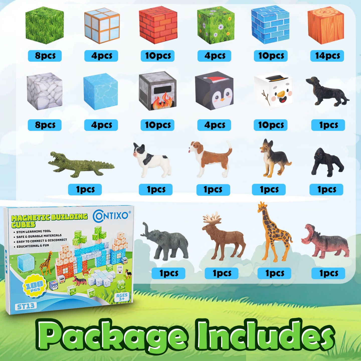 Детский конструктор Contixo Animal Magnetic Blocks 100-Piece Building Set, Ages 3-12 — фото 6