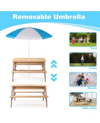 3-in-1 Kids Outdoor Wooden Picnic Table With Umbrella, Convertible Sand & Wate