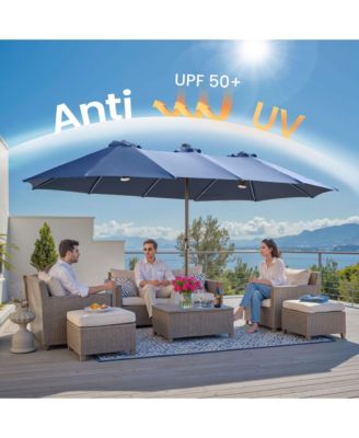 15ft Solar Umbrella Smart LED Lighted Patio Umbrella,12 Heavy Duty Ribs Large Outdoor Double Sided Rectangle Umbrella with Light Modes and Base